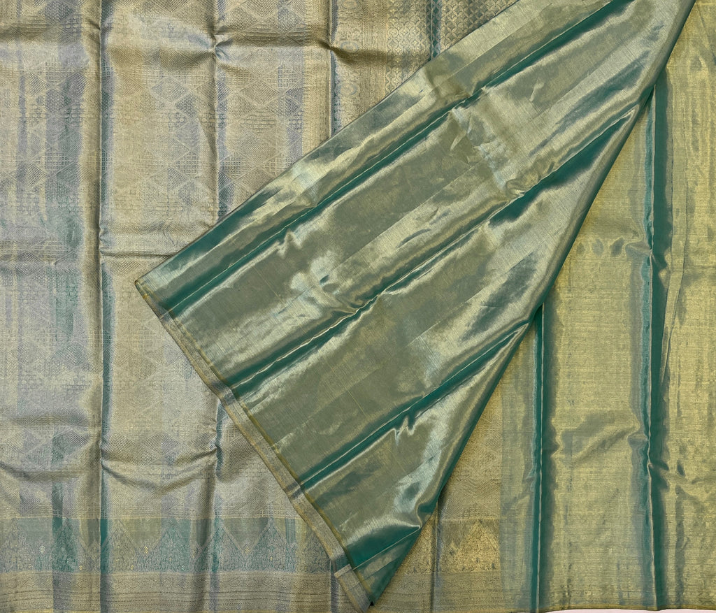 Teal Silver Zari Brocade Saree Wedding Festive Traditional Ethnic Wear