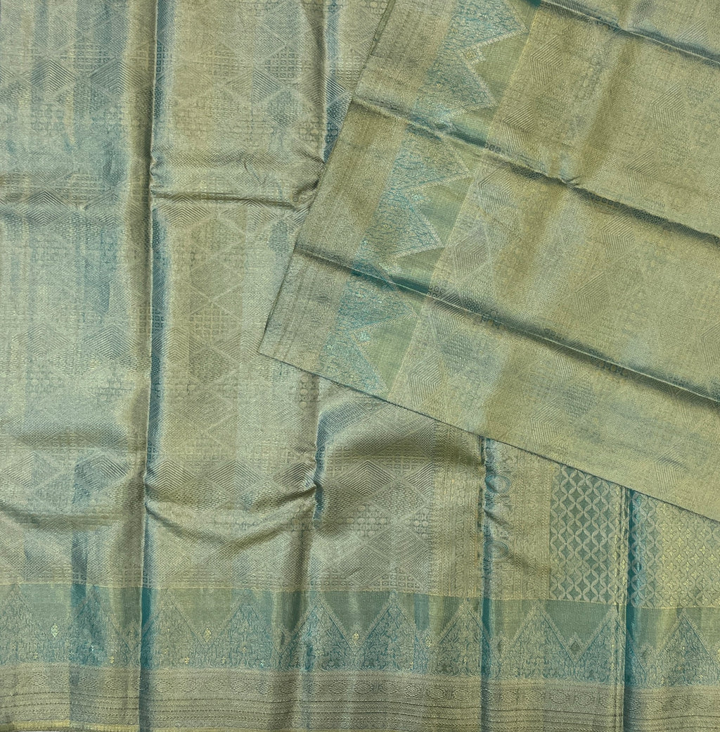 Teal Silver Zari Brocade Saree Wedding Festive Traditional Ethnic Wear