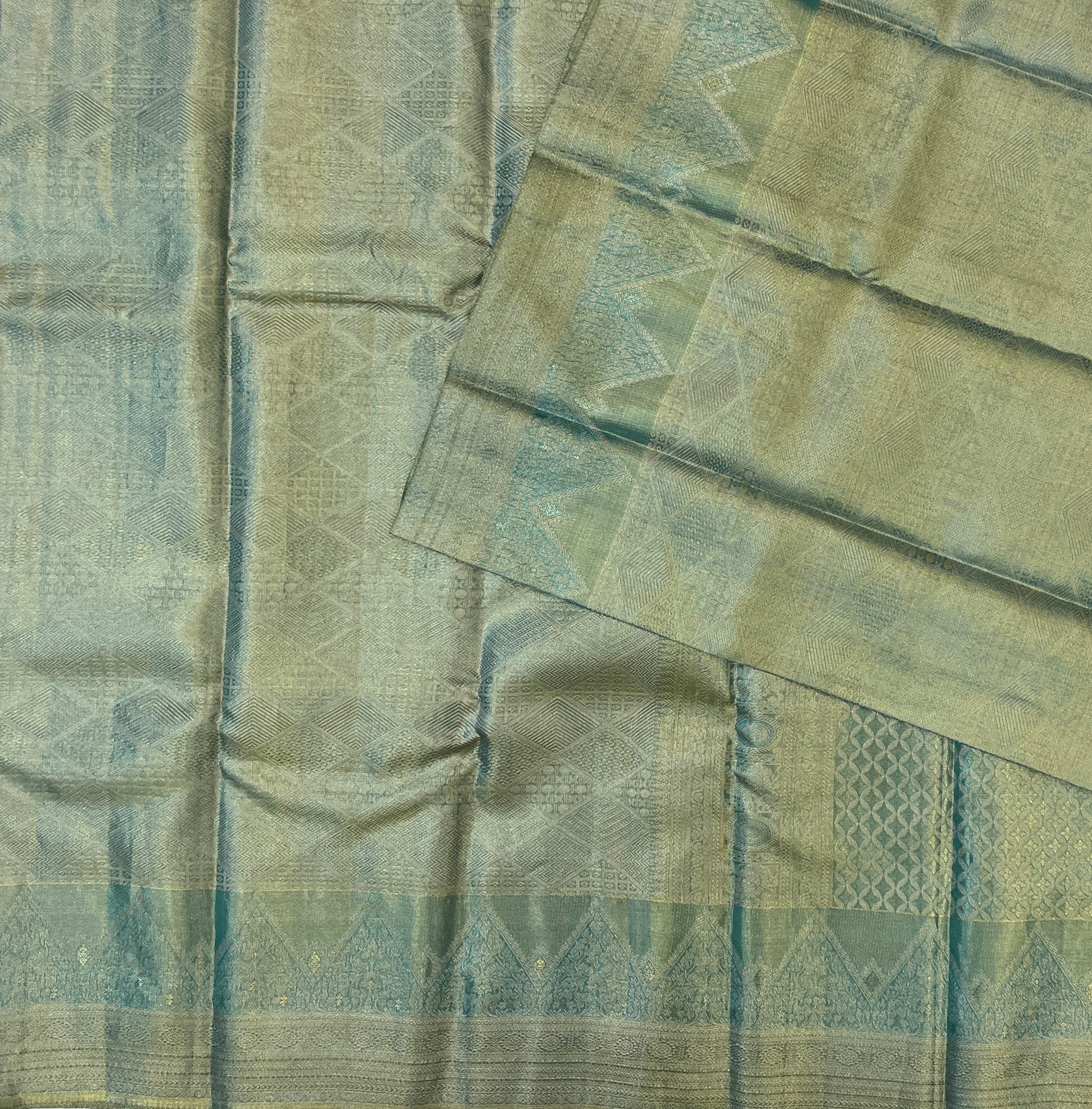 Teal Silver Zari Brocade Saree Wedding Festive Traditional Ethnic Wear
