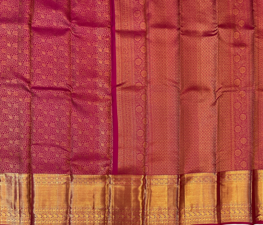 Magenta Gold Brocade Saree With Paisley Medallion Border Traditional Wedding Wear