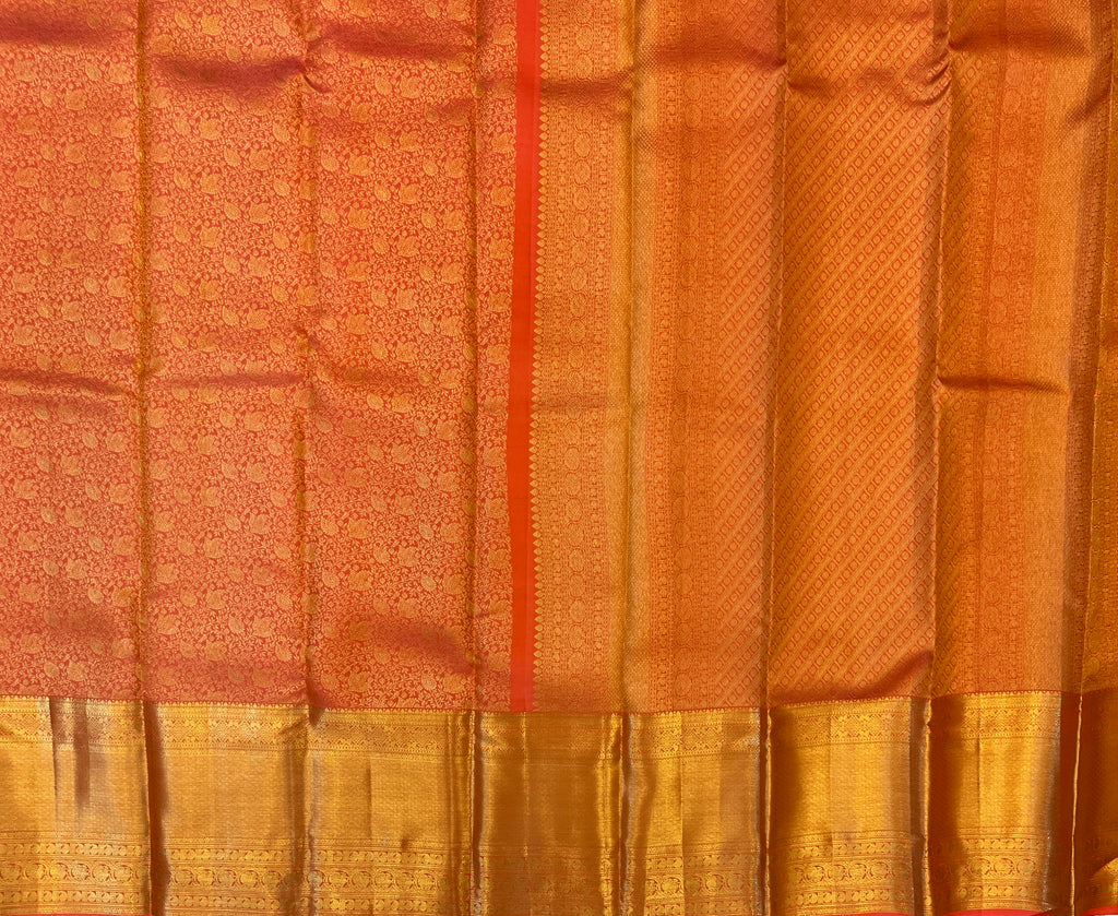 Gold Brocade Saree Crimson Pallu Intricate Motifs Wedding Festive Woven