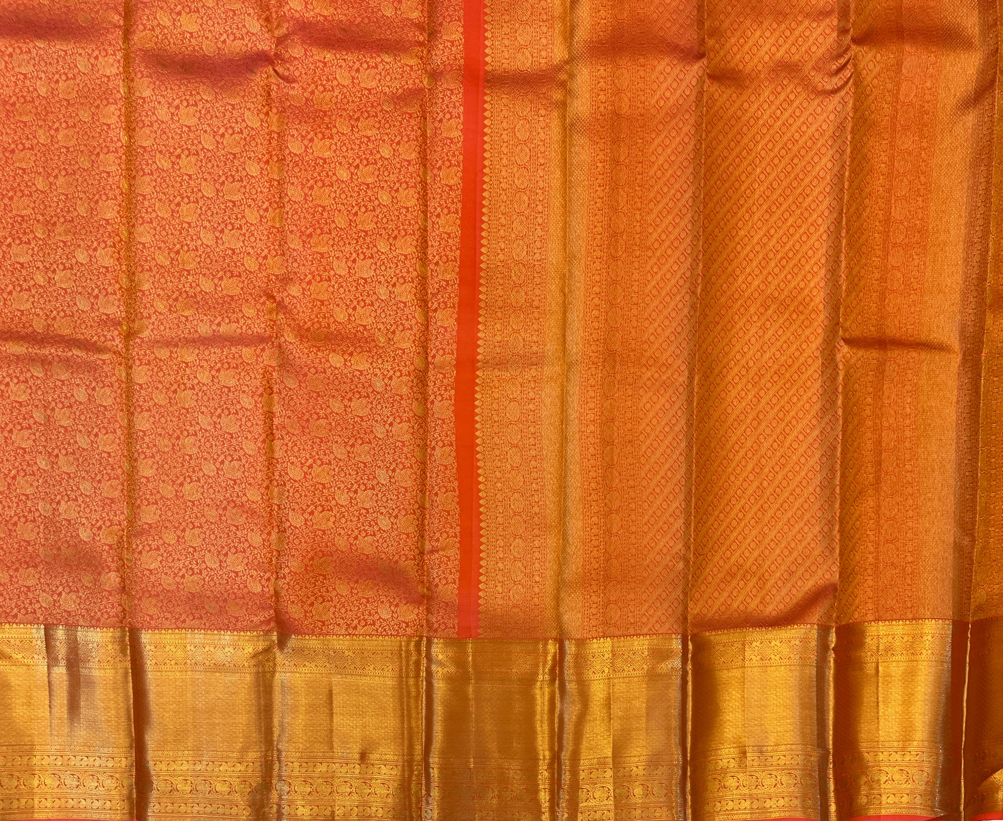 Gold Brocade Saree Crimson Pallu Intricate Motifs Wedding Festive Woven