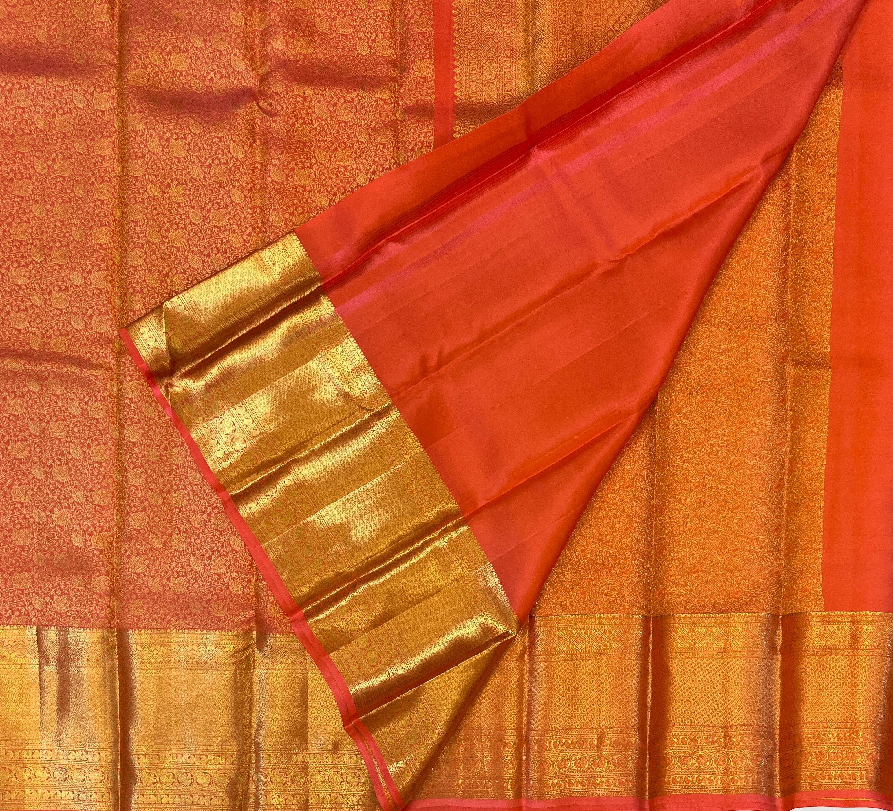 Gold Brocade Saree Crimson Pallu Intricate Motifs Wedding Festive Woven