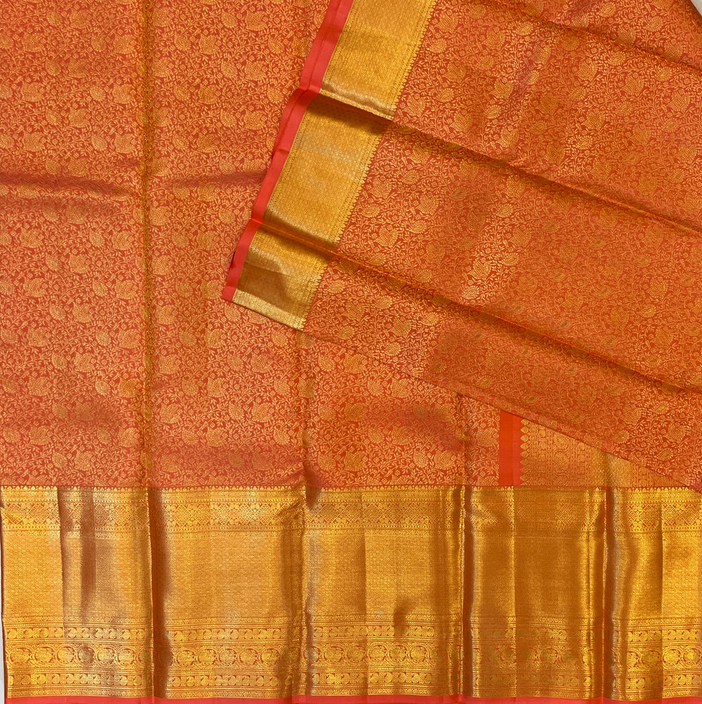 Gold Brocade Saree Crimson Pallu Intricate Motifs Wedding Festive Woven