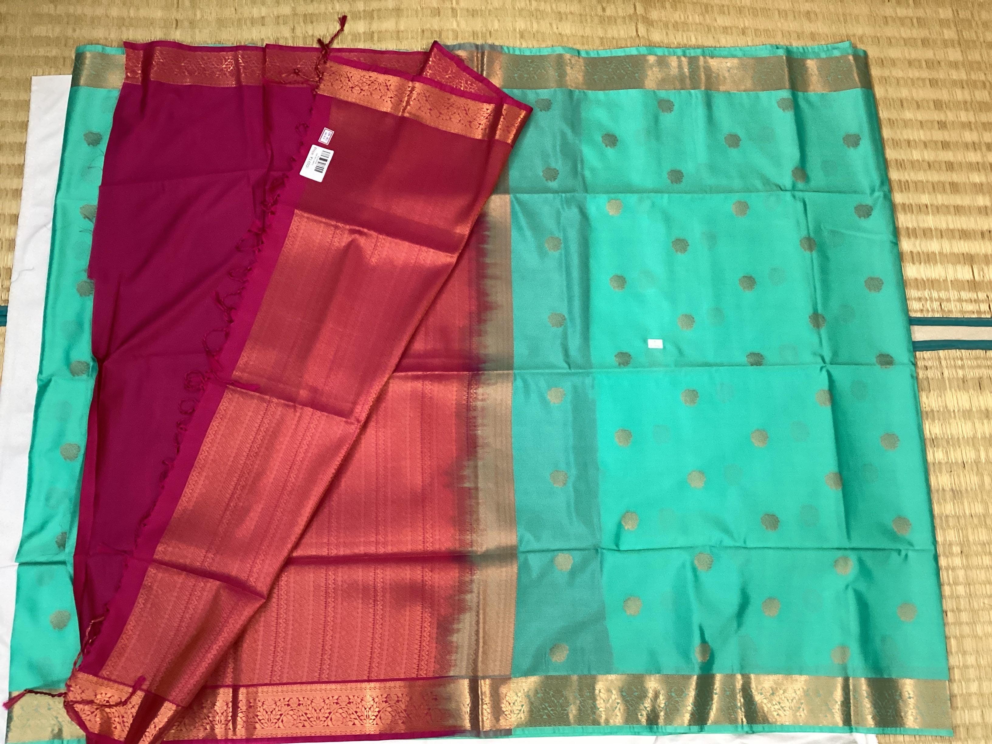 Aqua Green Silk Saree with Magenta Pallu and Gold Border