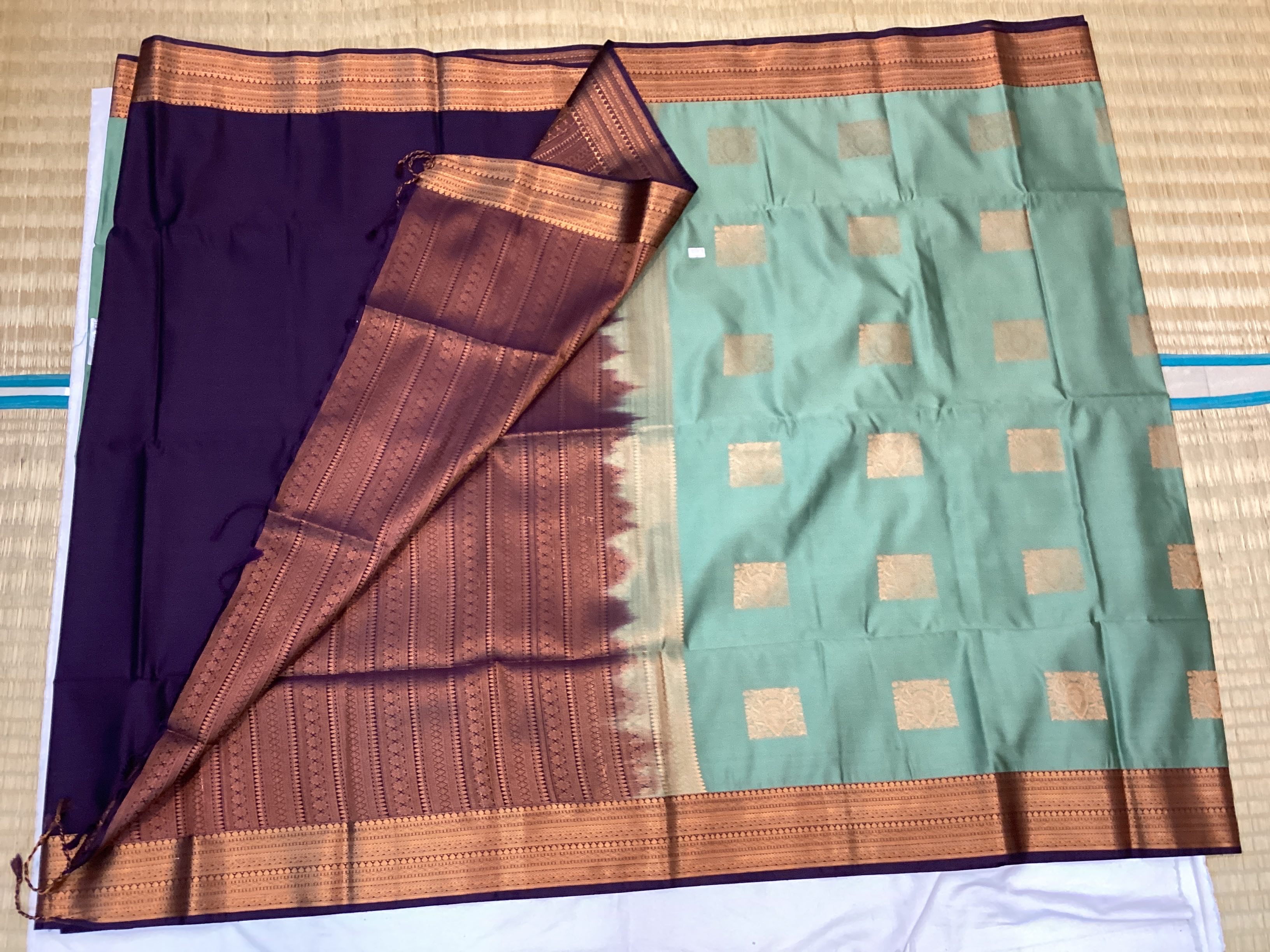 Aubergine Seafoam Silk Saree Gold Zari Square Buta Woven Border