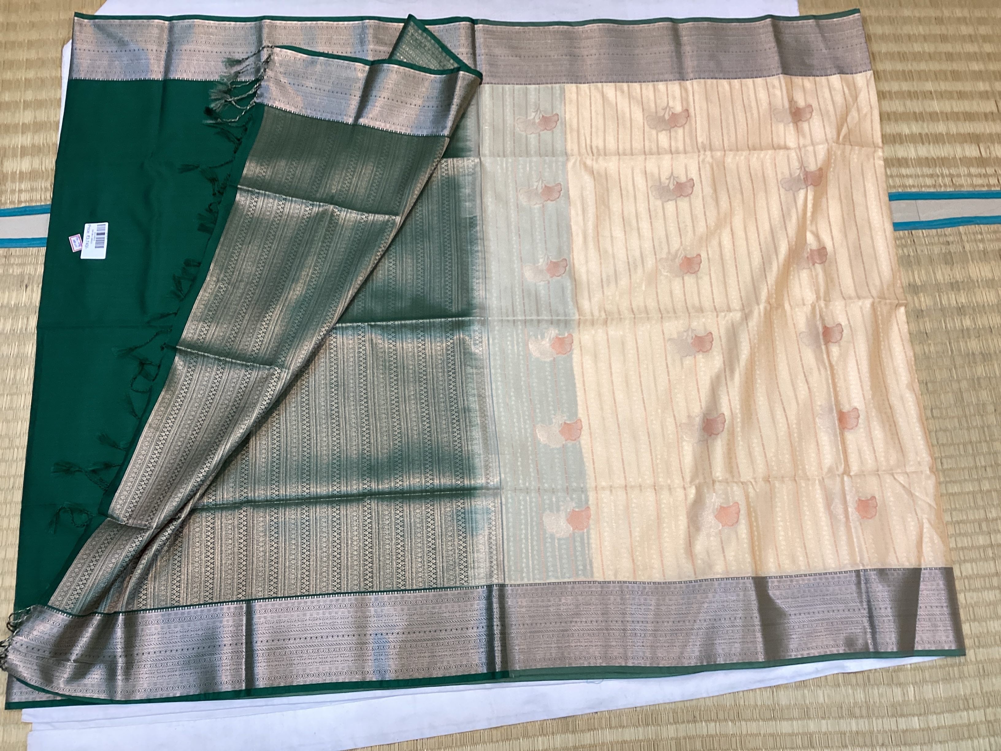 Beige Saree Emerald Pallu Silver Zari Broad Woven Border Traditional