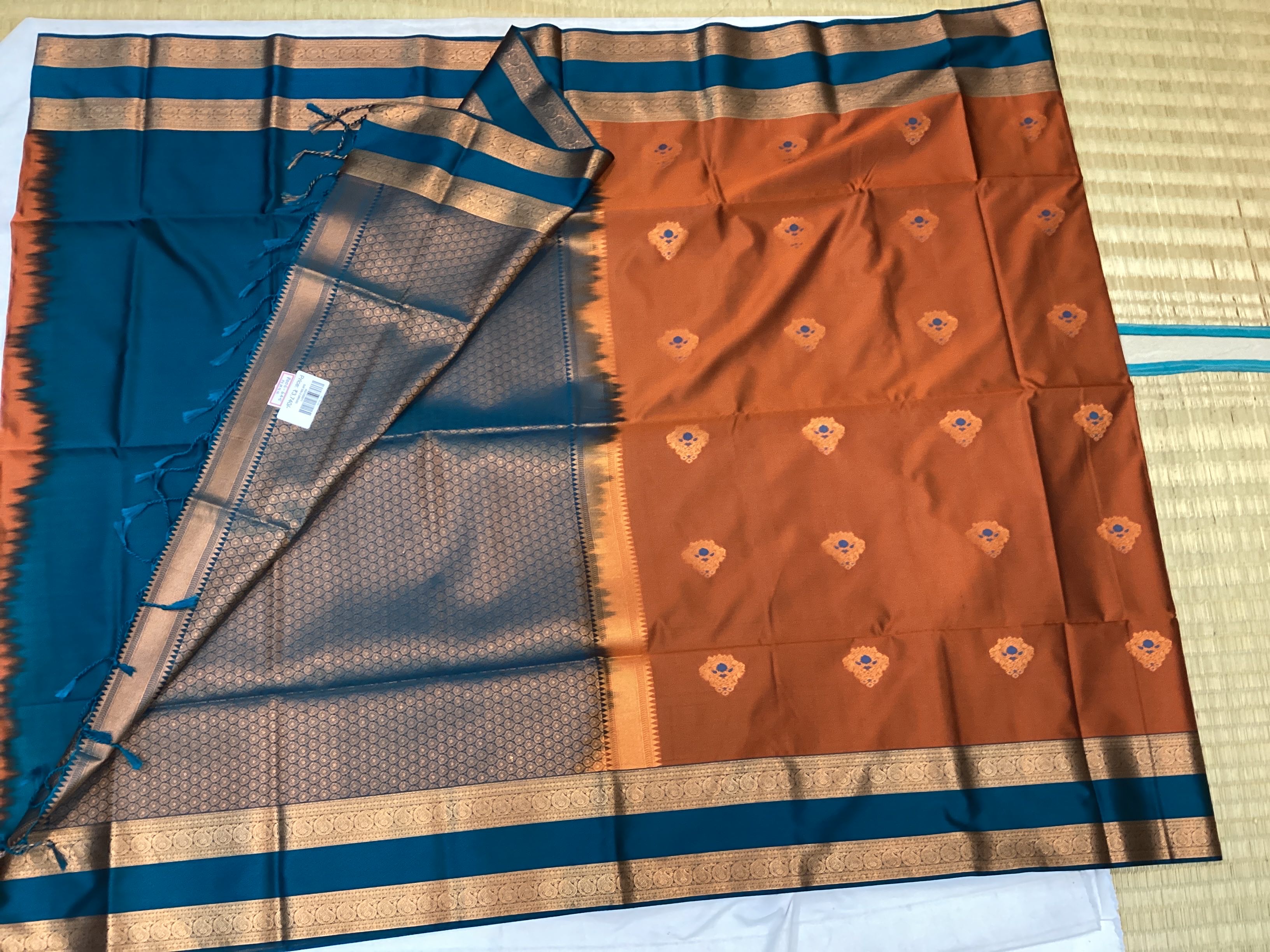 Burnt Orange Silk Saree Deep Teal Pallu Antique Gold Border